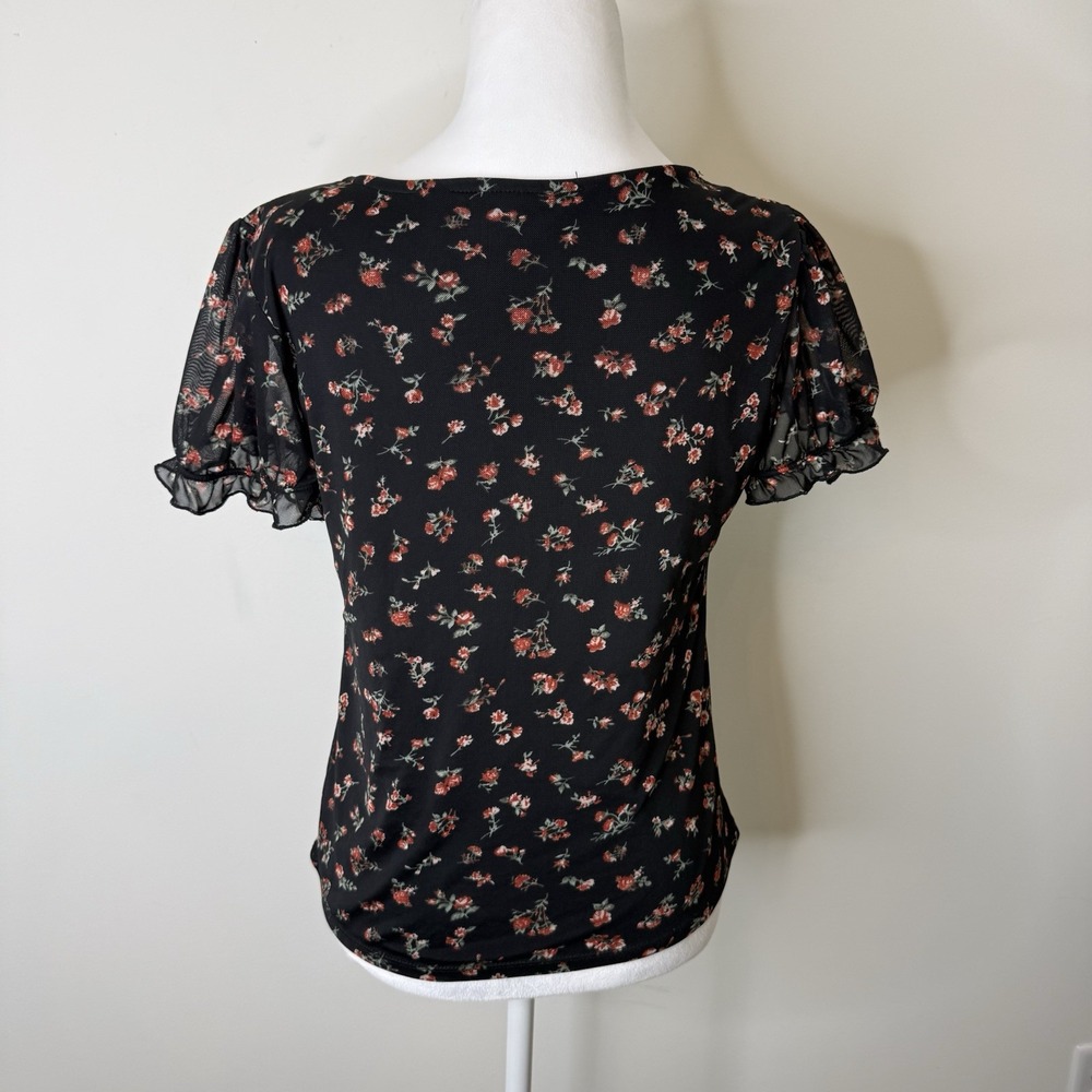 Y2K Milkmaid Mesh Top Whimsigoth Dark Cottage Fairy Grunge Puff Sleeve Floral L - Picture 3 of 4